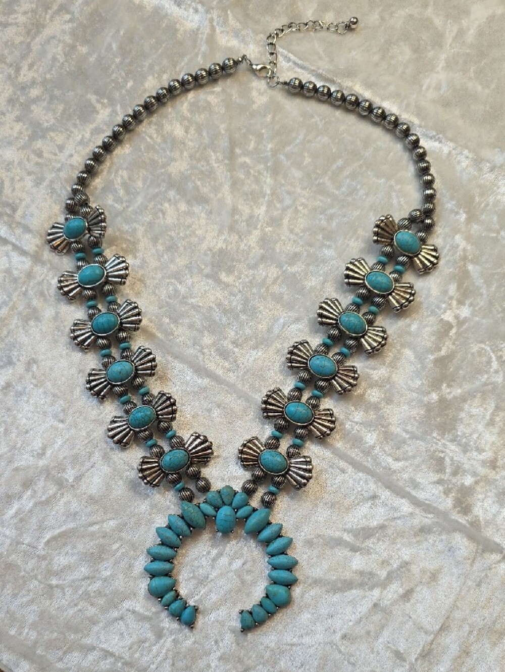 Southwestern Faux Turquoise Silver Tone Squash Blossom Statement Necklace - Picture 3 of 4